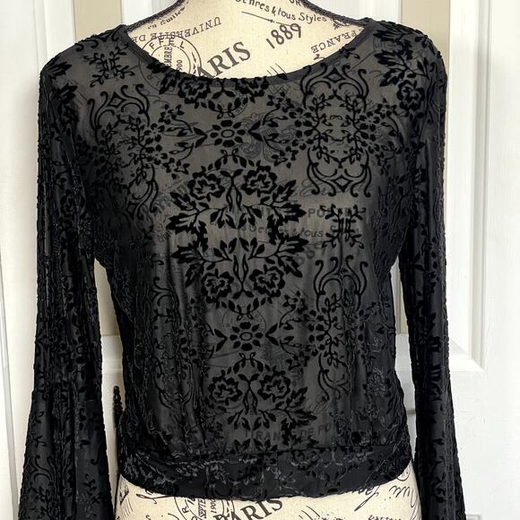 ADAM LEVINE Medium Sheer Black Velvet Burnout Bell Sleeve Open Tie Back Boho Top - Picture 2 of 11